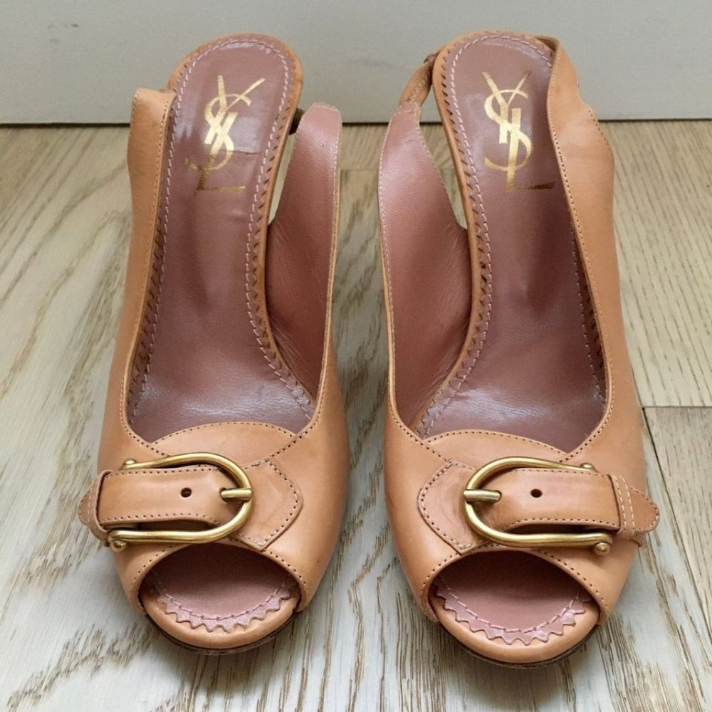YSL Nude Gold Buckle Slingbacks Vintage Size 9